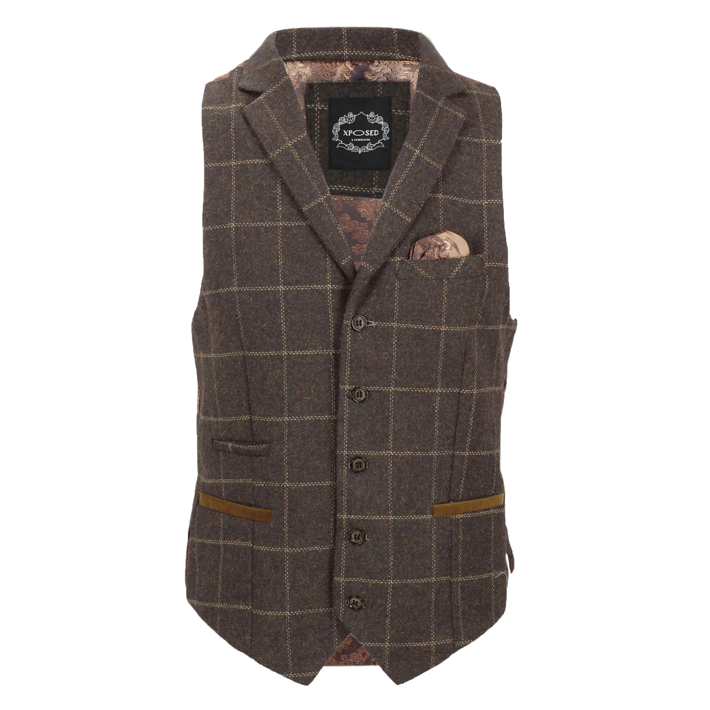 Mens Tweed Check Waistcoat Vintage Herringbone Velvetcollar Lapel Slim